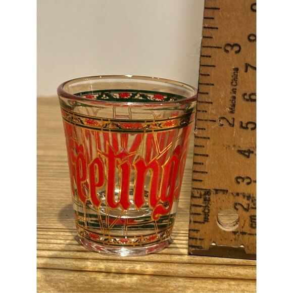 Seasons Greetings Stained Glass Christmas Shot Glass -Holly/Poinsettias/Gold Rim - Picture 6 of 6
